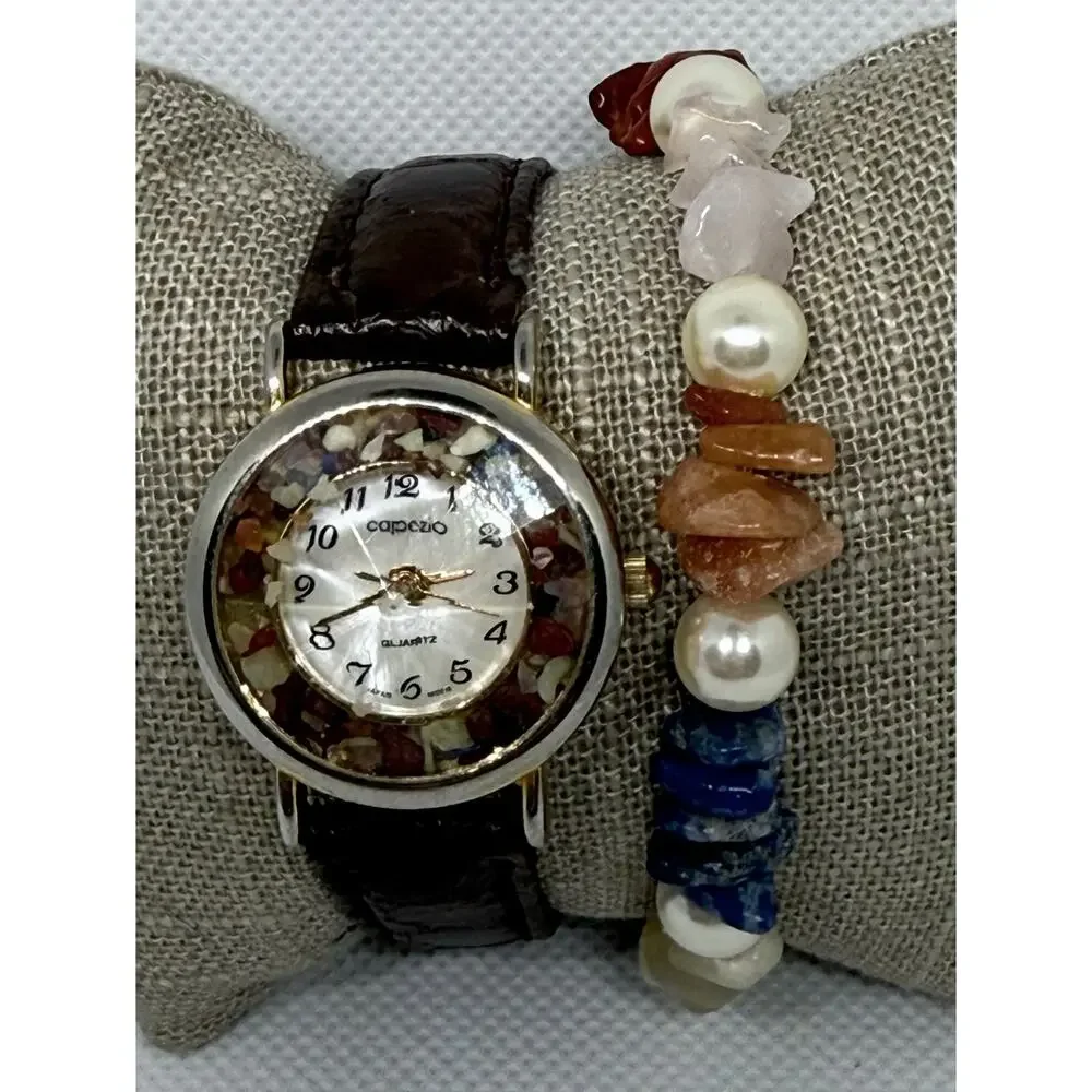 Capezio Gemstone Watch and Bracelet Set Faceted Crystal Leather